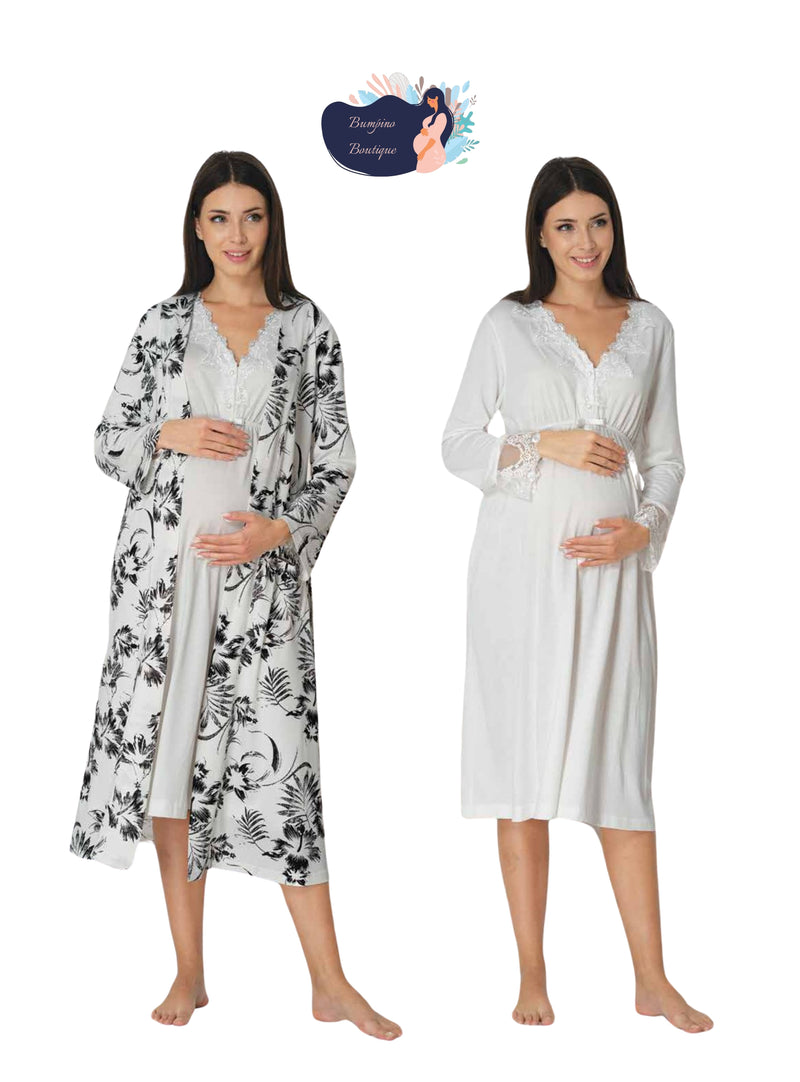 0896 / black pattern maternity nightgown set with robe