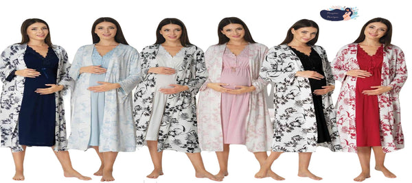 0896 / black pattern maternity nightgown set with robe