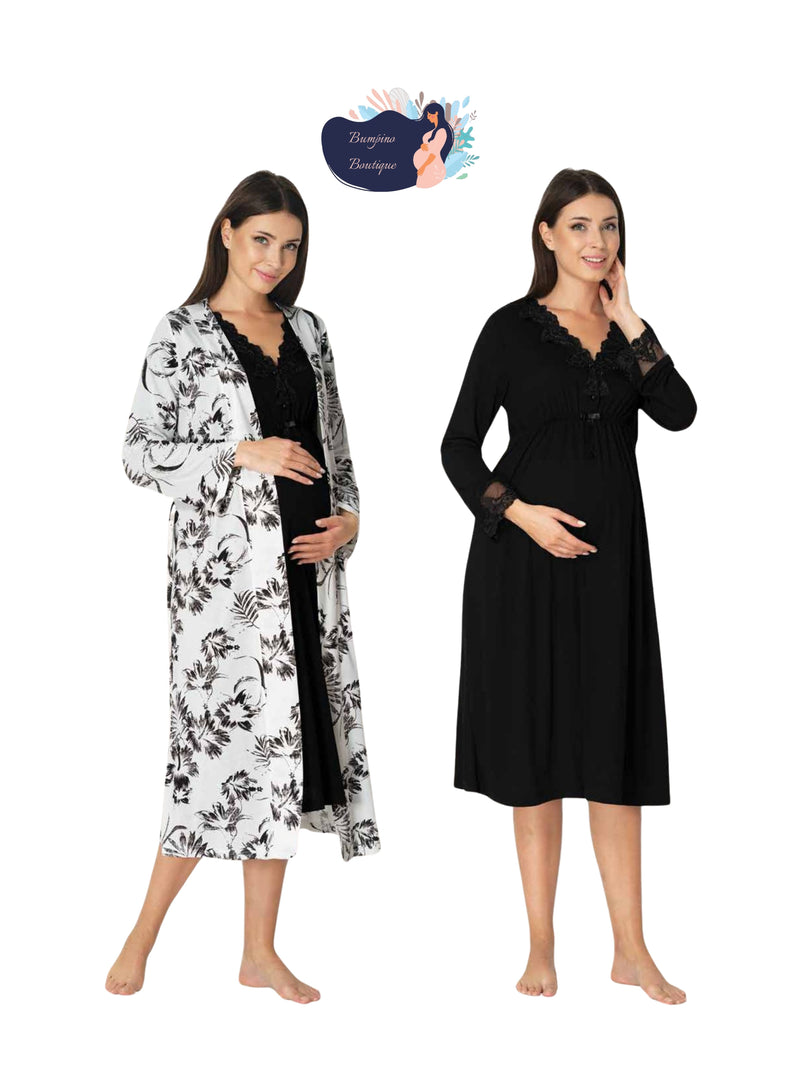 0896 / black pattern maternity nightgown set with robe