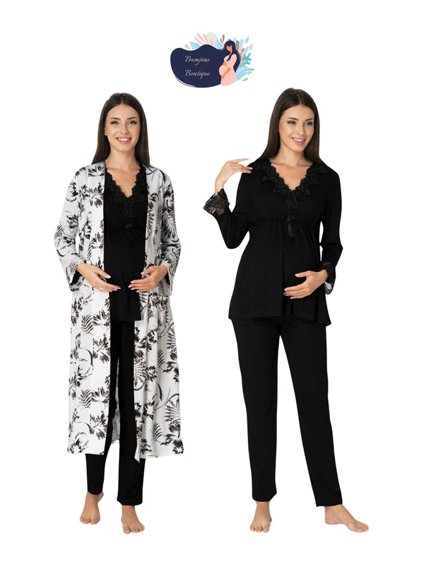 0984 / leaves pattern robe with lace detailed maternity pajama set