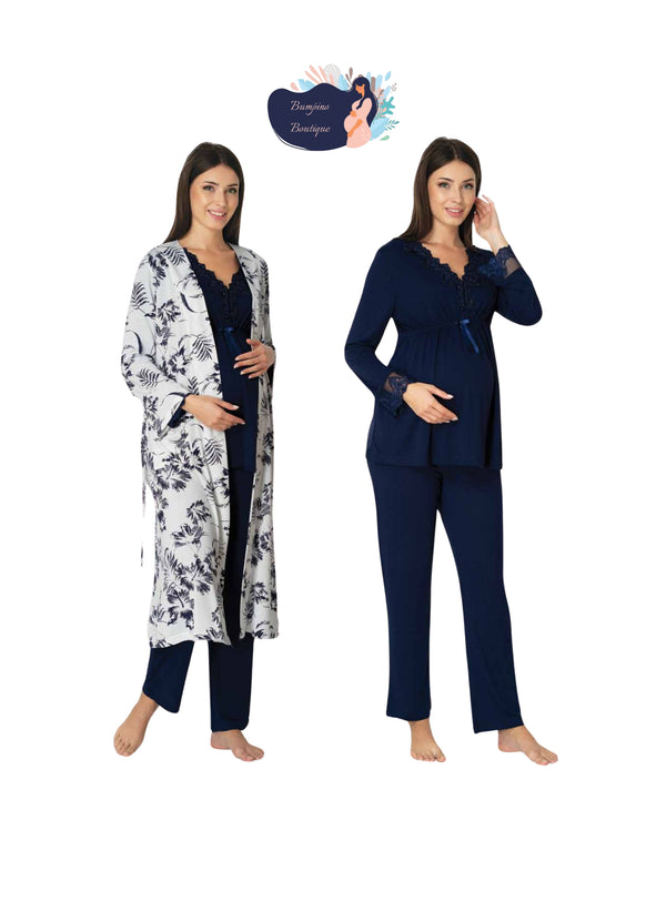 0984 / leaves pattern robe with lace detailed maternity pajama set