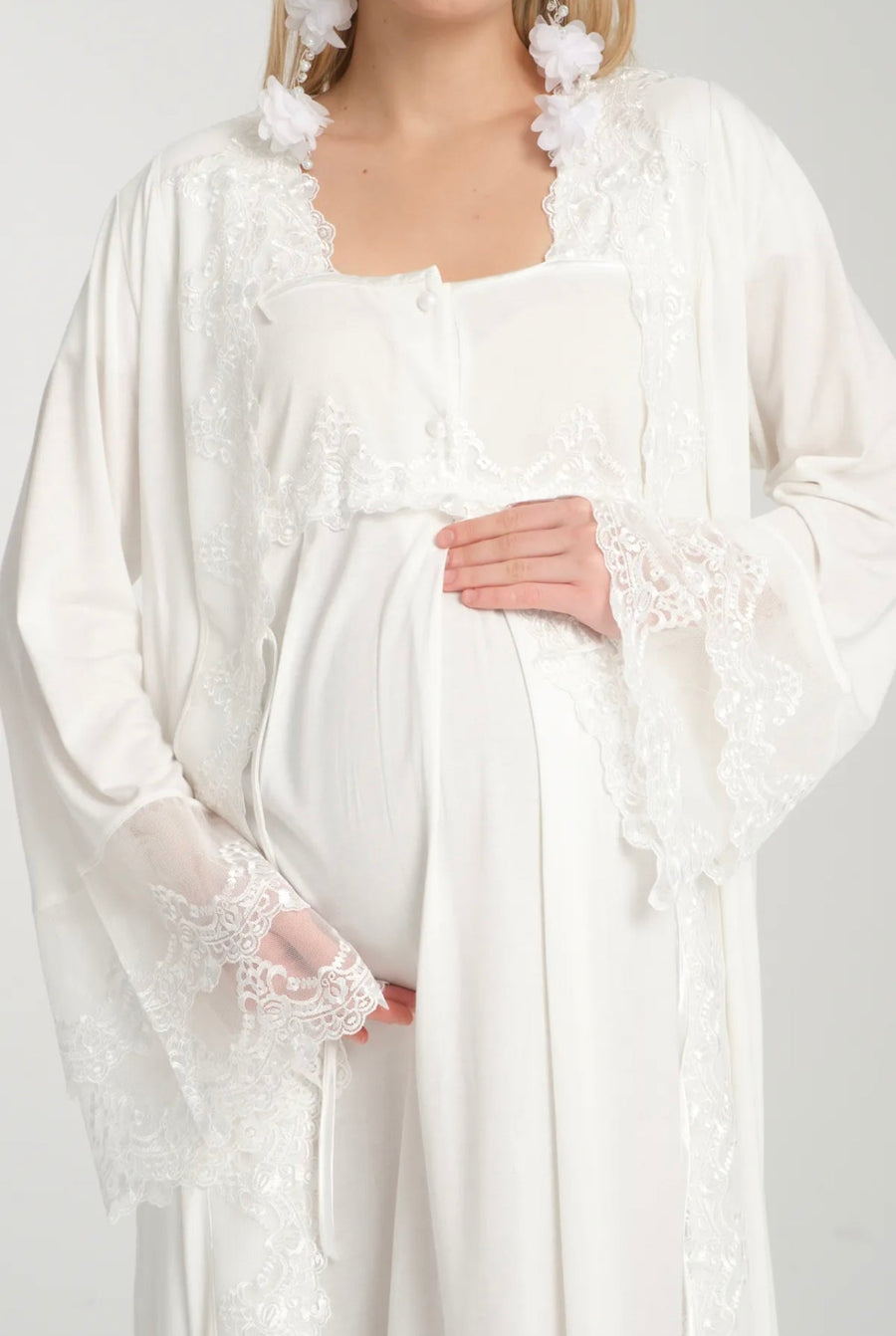 Close-up of the lace neckline and cuffs on a white Bumpino maternity nightgown and robe set.