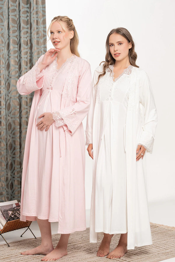 1605- lace shoulder and sleeve maternity - nursing nightgown and robe set