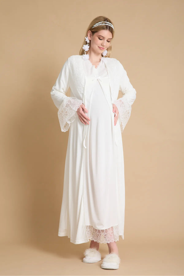0745 / Guipure Detailed Maternity Nightgown and Robe