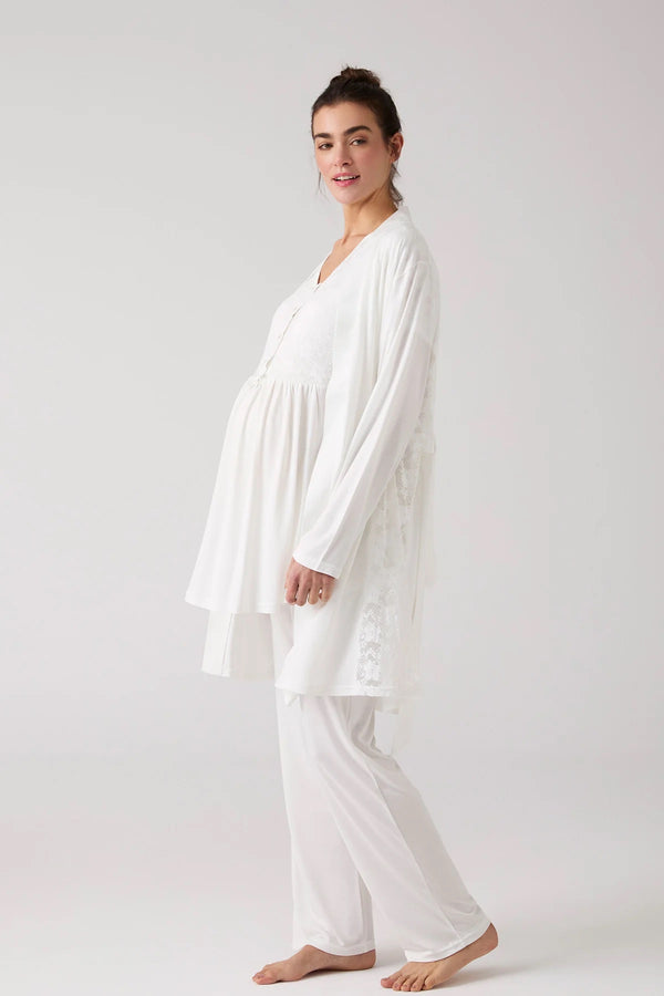 0116/ Lace Embroidered 3-Piece Maternity-Nursing Pajama & Robe Set