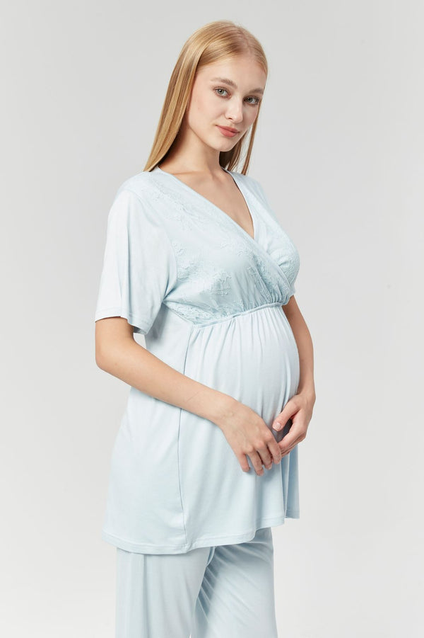 351- Lace Embroidered 3-Pieces Maternity & Nursing Pajamas With Robe Blue