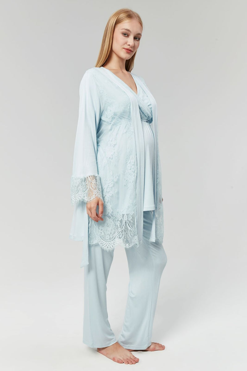 351 Lace Embroidered 3 Pieces Maternity Nursing Pajamas With Robe B Bumpino Store