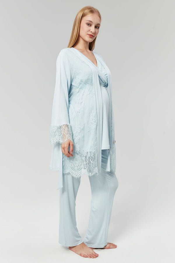 351- Lace Embroidered 3-Pieces Maternity & Nursing Pajamas With Robe Blue