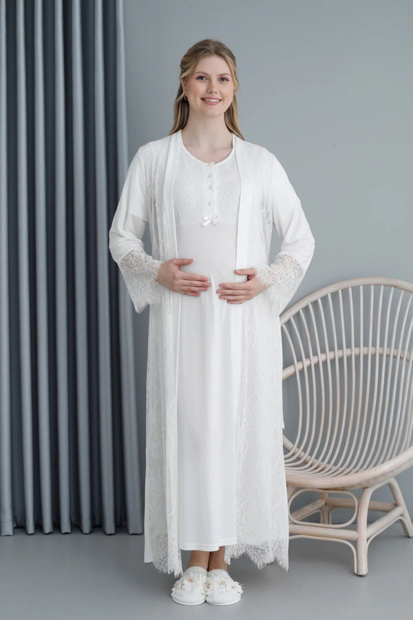 4205- Lace Sleeve Maternity & Nursing Nightgown With Robe