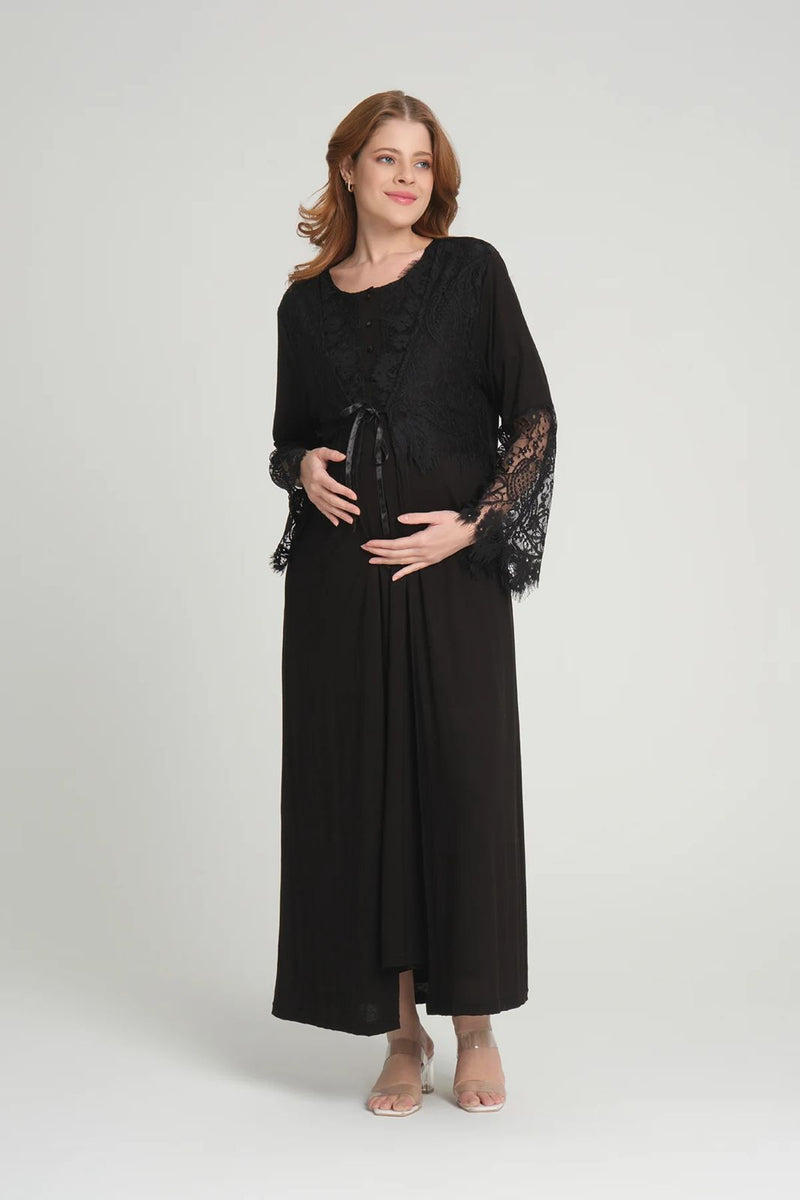 293- Lace Maternity & Nursing Nightgown With Lace Sleeve Robe Black