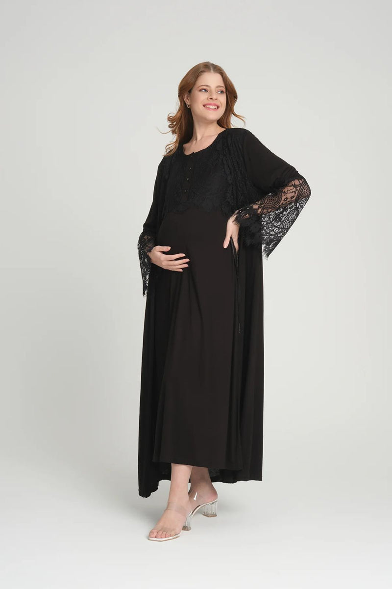 293- Lace Maternity & Nursing Nightgown With Lace Sleeve Robe Black