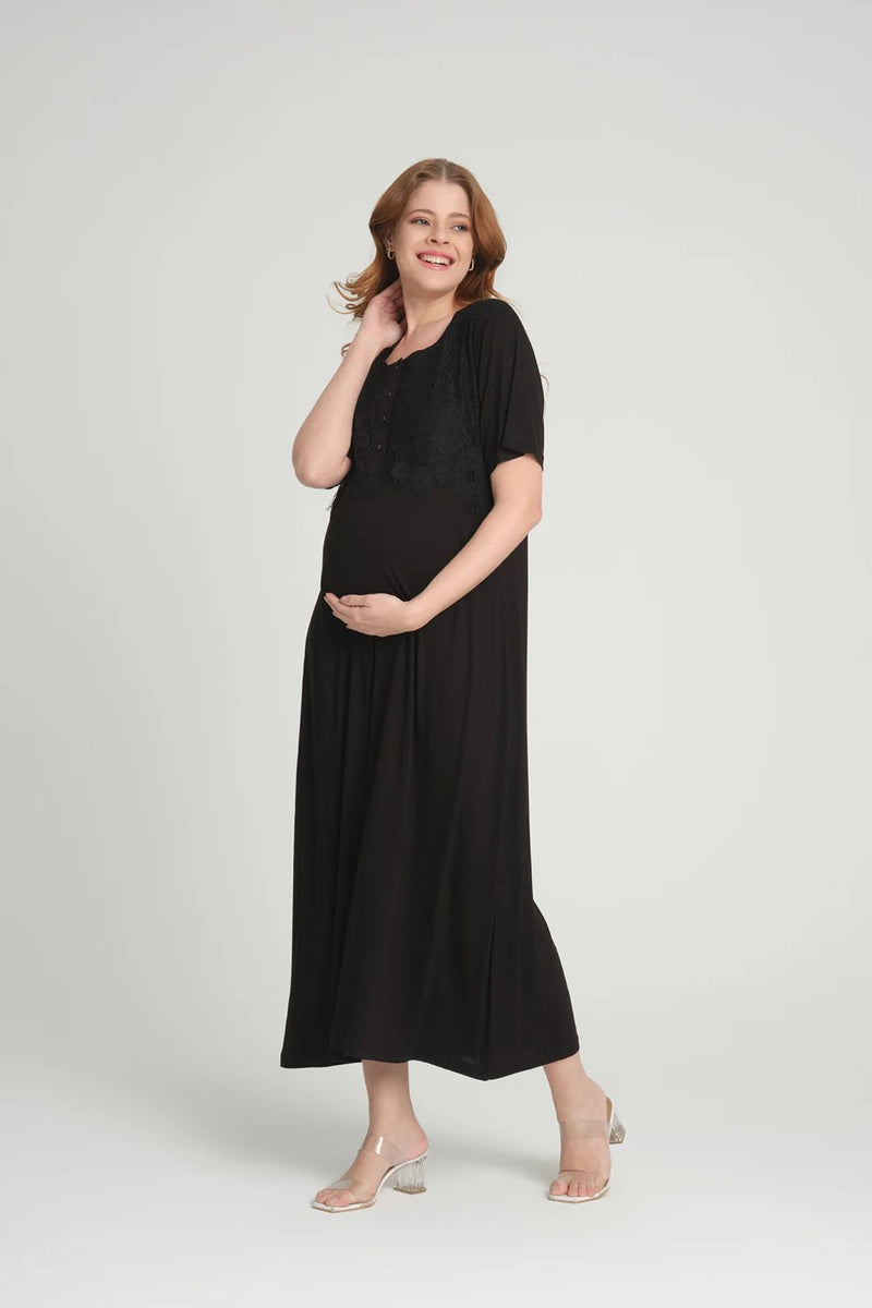 293- Lace Maternity & Nursing Nightgown With Lace Sleeve Robe Black