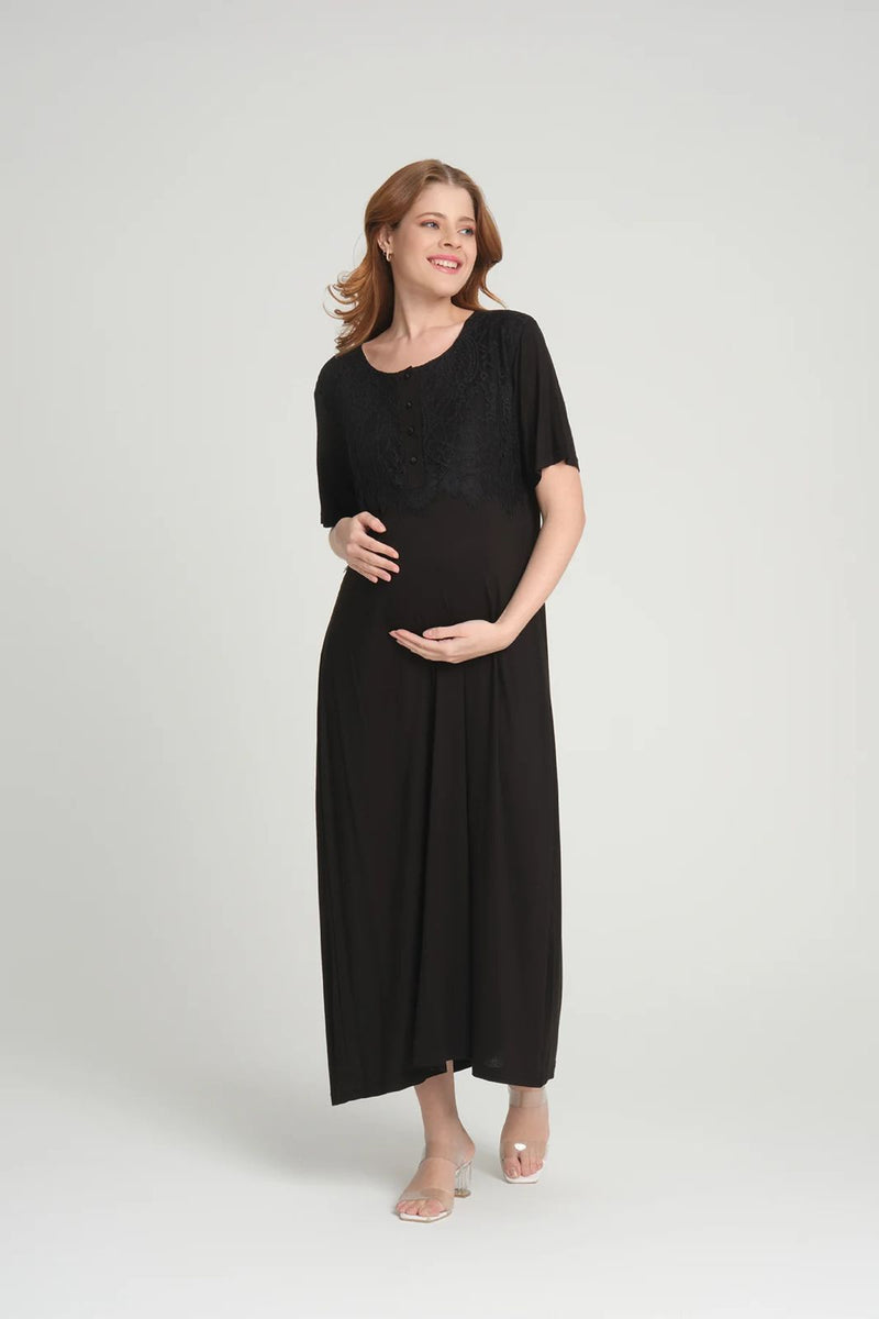 293- Lace Maternity & Nursing Nightgown With Lace Sleeve Robe Black