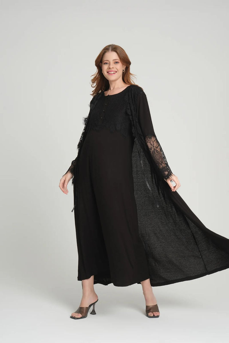 293- Lace Maternity & Nursing Nightgown With Lace Sleeve Robe Black